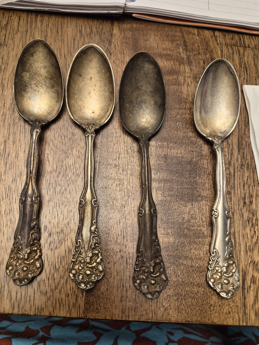 Antique Silver Dessert Spoons - Set of 4 Wm. Rogers 1904, "Diana" Floral